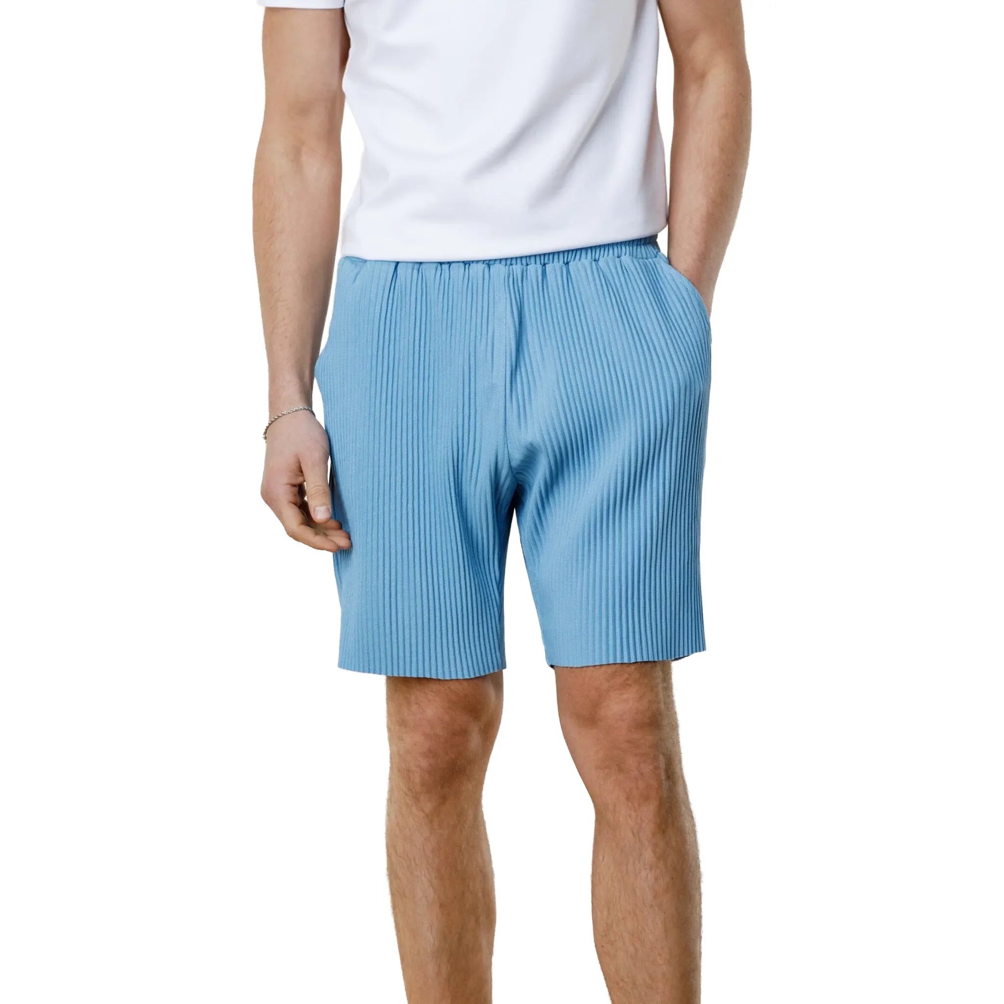 Front View of Belier Pleated Light Blue Shorts